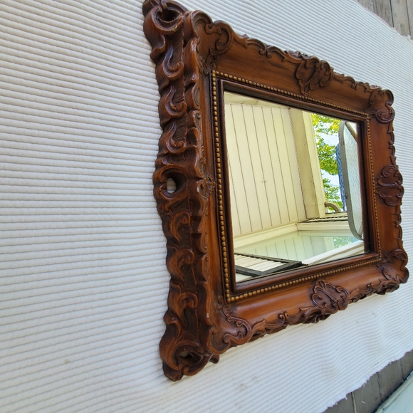 Vintage Mirror 18"x15" Brown Wood Look Heavy Plastic Resin Frame Ornate - Picture 7 of 11